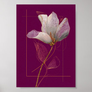 Poster Magnólia Branca com Linhas Douradas Magenta