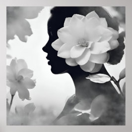Poster Magnólia Branca Sonhadora Garota Moderna Preto e B