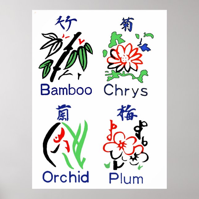 Poster Mahjong Flower Suits,Blue,Red,Green,Black on White (Frente)
