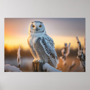 Poster Maiestosa coruja de neve presa em uma ramificação