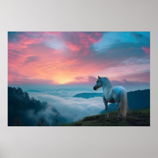Poster Maiestoso Cavalo Branco na Montanha em Sunrise