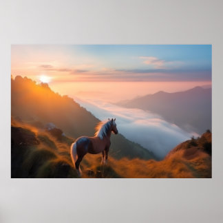 Poster Maiestoso Cavalo Vermelho na Montanha em Sunrise