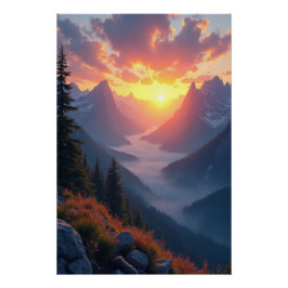 Pôster Maiestoso nascer do sol sobre montanhas - declive