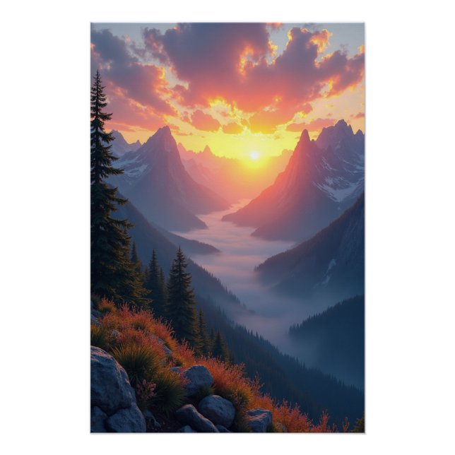 Pôster Maiestoso nascer do sol sobre montanhas - declive  (Frente)