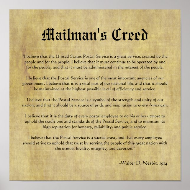 Poster Mailman's Creed Letter Carrier Gift (Frente)