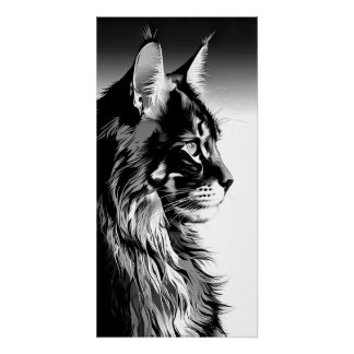 Pôster Maine Coon Art Print: Black & White Cat Portrait