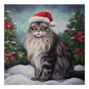 Pôster Maine Coon Cat no Natal da Neve