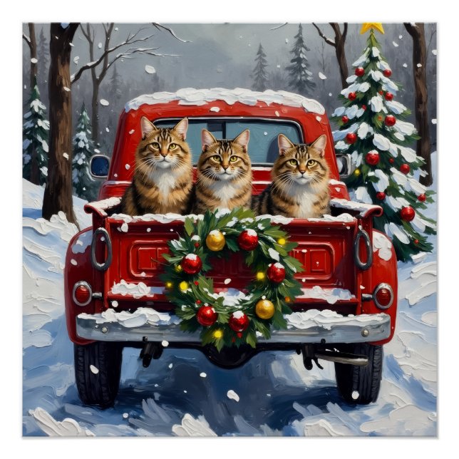 Pôster Maine Coon Christmas Red Truck Holiday (Frente)