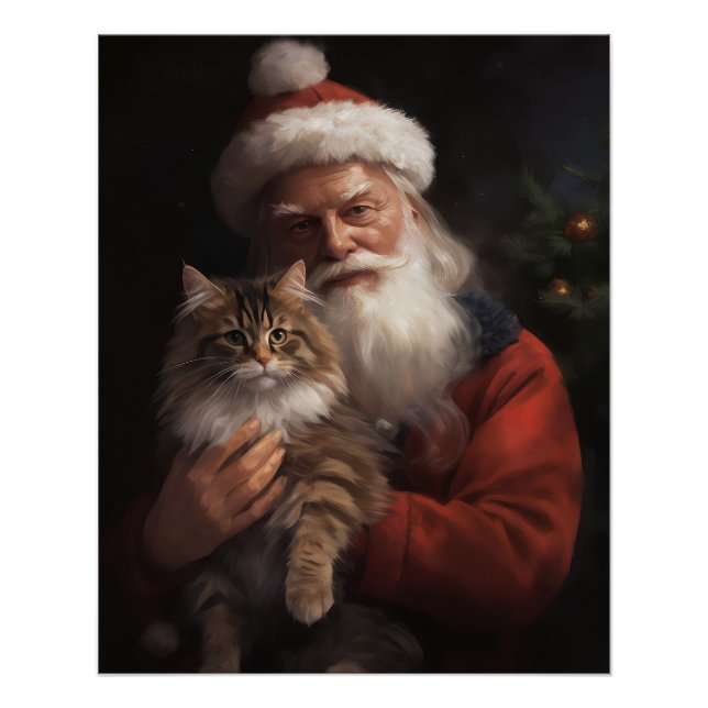 Pôster Maine Coon com Papai Noel Natal Festivo (Frente)