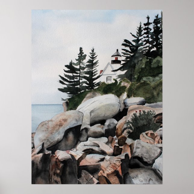 Poster Maine Lighthouse Watercolor Archival Print (Frente)