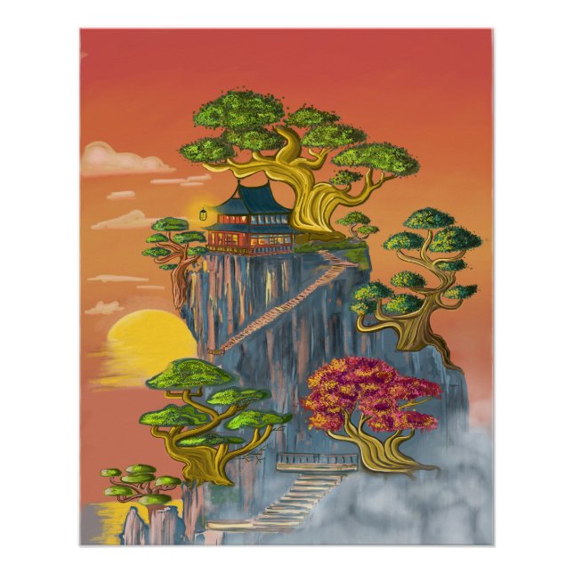 Pôster Maison japonnaise et bonzaï sur les roches. (Frente)