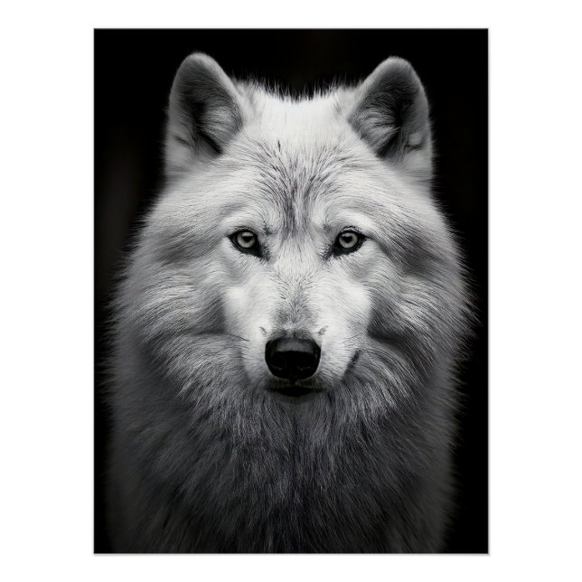 Pôster Majestic Arctic Wolf Portrait in High Contrast Bla (Frente)