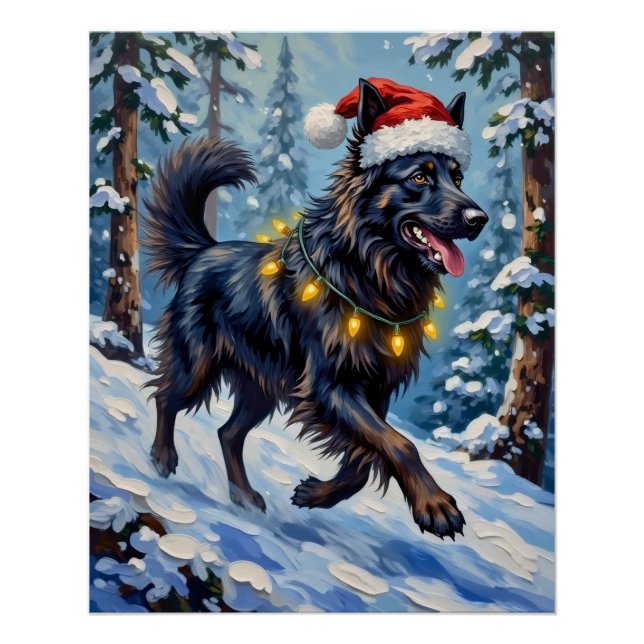 Pôster Majestic Belgian Shepherd Snow Forest Christmas (Frente)