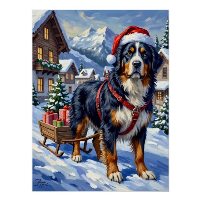 Pôster Majestic Bernese Mountain Dog Alpine Christmas (Frente)