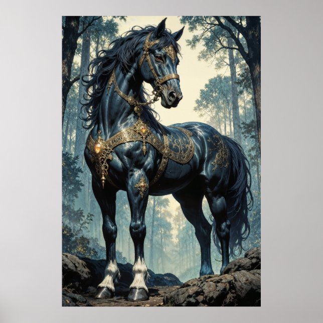 Poster Majestic Black Stallion Forest Wall Art (Frente)