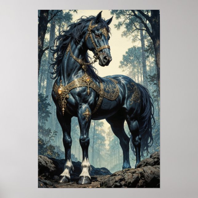 Poster Majestic Black Stallion Forest Wall Art (Frente)