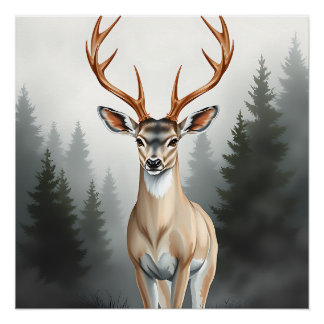Pôster Majestic Deer in Misty Forest – Tranquil Wildlife 
