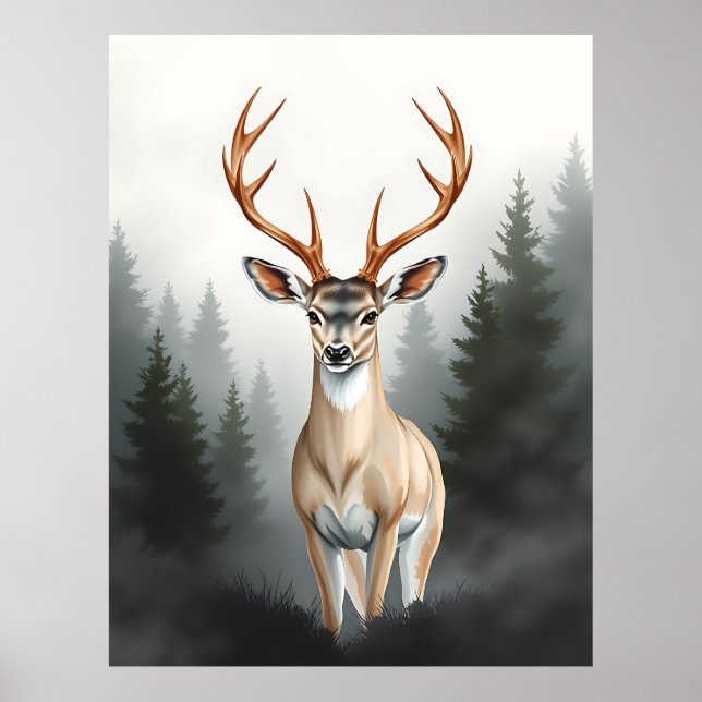 Poster Majestic Deer in Misty Forest – Tranquil Wildlife  (Frente)