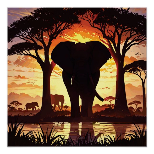 Pôster Majestic Elephant at Sunset in the African Savanna (Frente)