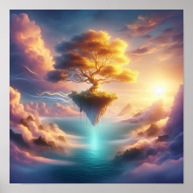Poster Majestic Golden Tree Over Dreamlike Ocean Skies (Frente)