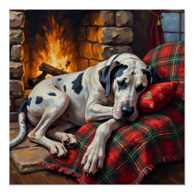 Pôster Majestic Great Dane Asleep by Fireplace Cozy (Frente)