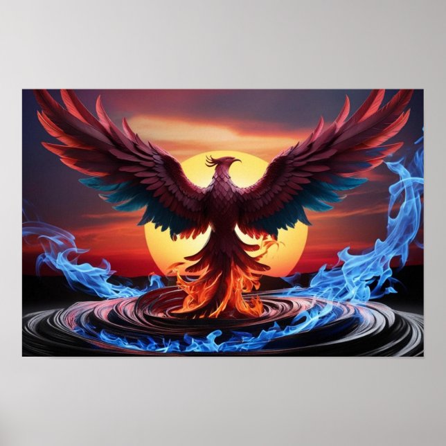 Poster Majestic Phoenix Rising from Fiery Depths Sunset (Frente)