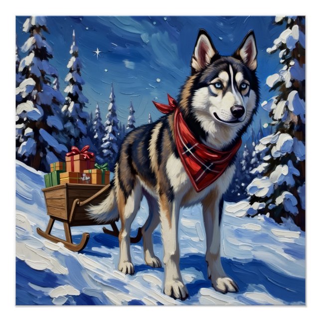 Pôster Majestic Siberian Husky Pulling Christmas Sled (Frente)
