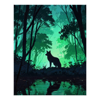 Pôster Majestic Wolf Silhouette in Mystical Green Forest