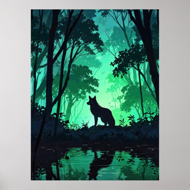 Poster Majestic Wolf Silhouette in Mystical Green Forest  (Frente)