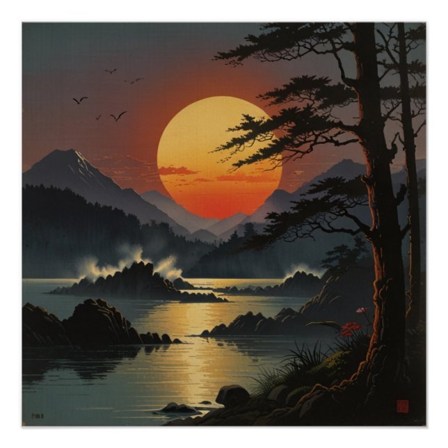 Pôster Majestosa Arte de Parede da Paisagem do Monte Fuji (Frente)