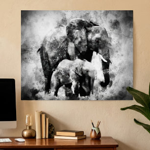 Poster Majestosa Elefanta Africana com Cria P&B