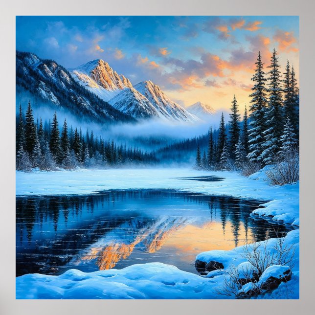 Poster Majestosas Montanhas Cobertas de Neve Refletindo (Frente)