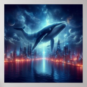 Poster Majestoso Baleia Acima da Silhueta da Cidade sob E