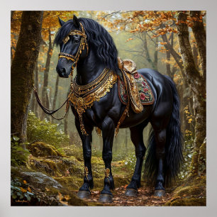 Poster Majestoso Cavalo Preto em Adornos de Ouro Regal