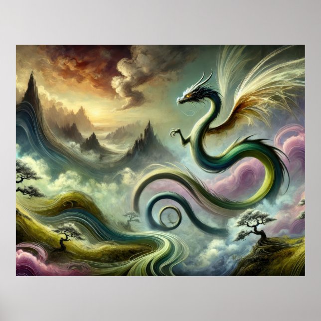 Poster Majestoso Dragão Celestial Sobre Montanhas de Fant (Frente)