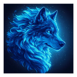 Pôster Majestoso Lobo Azul Brilhante Arte de Fantasia de