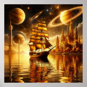 Poster Majestoso Navio à Vela Sob o Céu Dourado