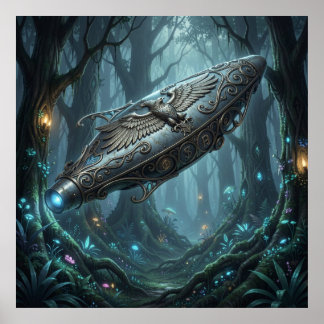 Poster Majestoso Navio Espacial Art Nouveau no Crepúsculo