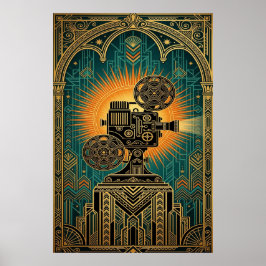 Poster Majestoso Projetor de Filme Vintage Art Deco Doura