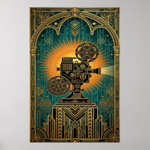 Poster Majestoso Projetor de Filme Vintage Art Deco Doura