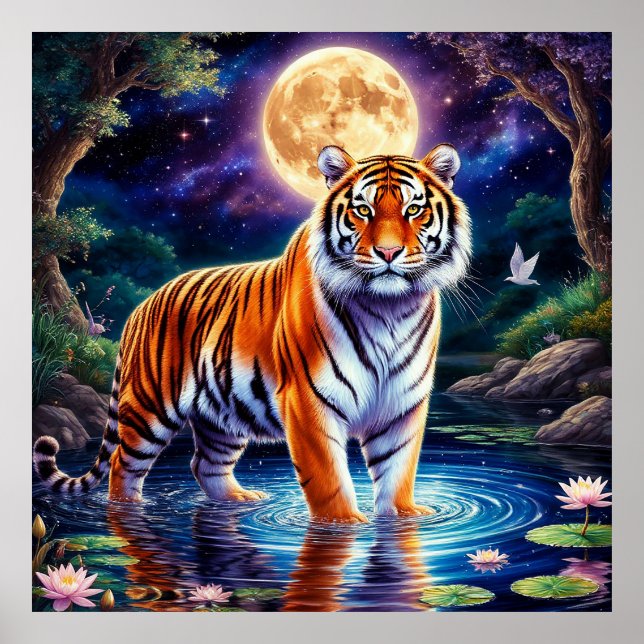 Poster Majestoso Tigre em uma Paisagem de Fantasia Lua (Frente)