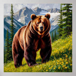 Poster Majestoso Urso Pardo em Prado Montanhoso
