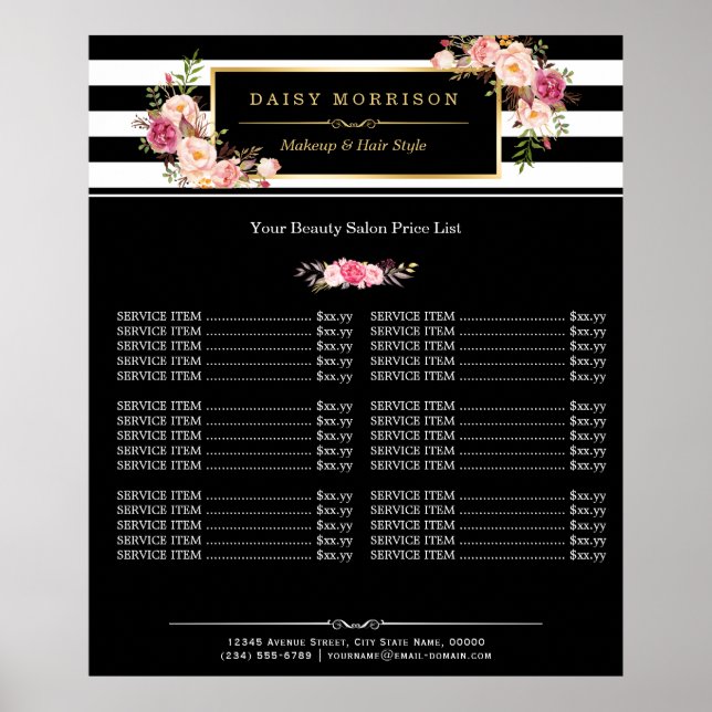 Poster Makeup Beauty Salon Gold Floral Stripes Price List (Frente)