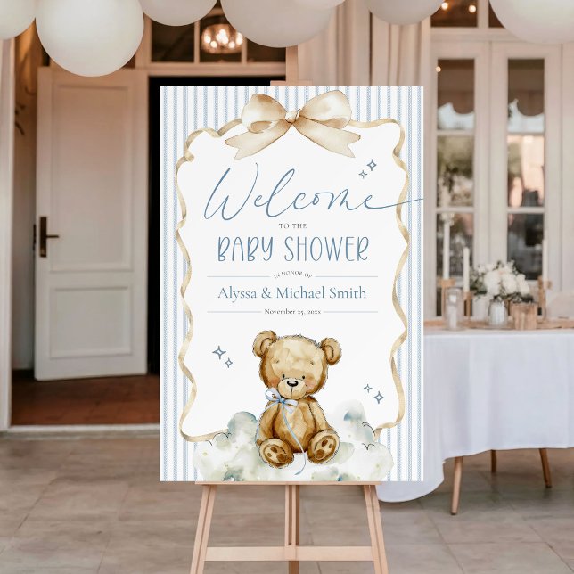 Poster Mal Podemos Esperar Bem-Vindo ao Chá de Bebê do Me (Cute We Can Bearly Wait watercolor teddy bear blue bows stripes baby boy shower welcome sign poster)