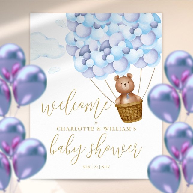 Poster Mal Podemos Esperar Placa de Boas-Vindas do Chá de (We Can Bearly Wait Blue Baby Shower Welcome Sign)