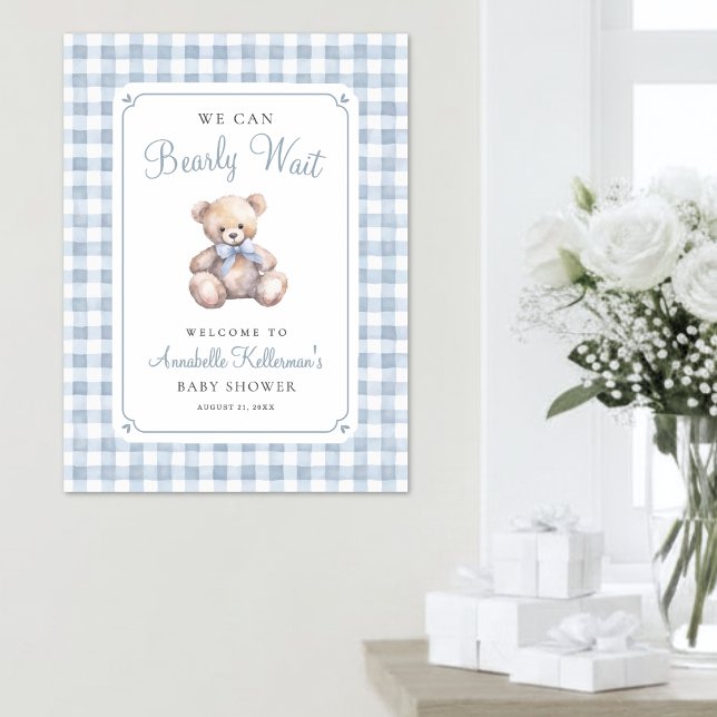 Poster Mal Podemos Esperar Urso Azul Chás de Bebê (We Can Bearly Wait Blue Bear Baby Shower Poster )