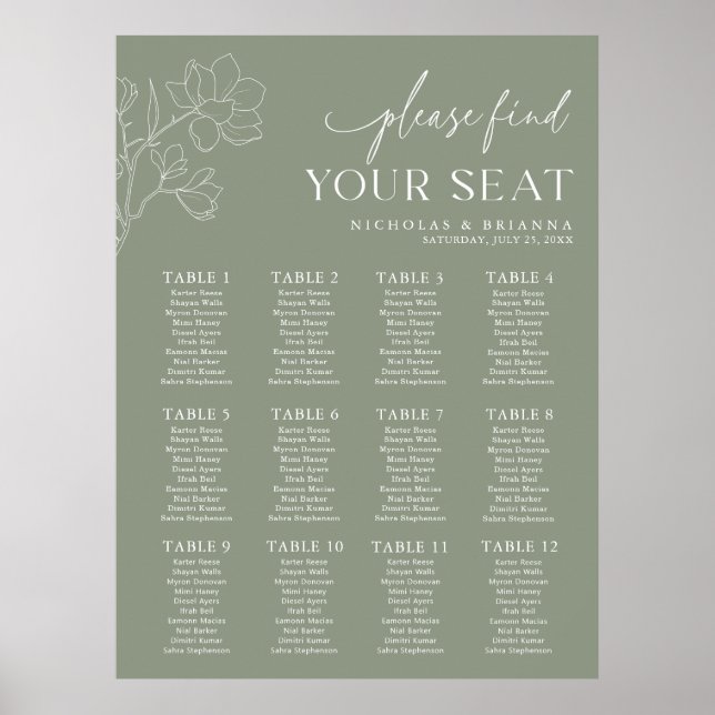 Poster Mala Verde Mínima 12 Gráfico de Assentos de Mesa (Frente)