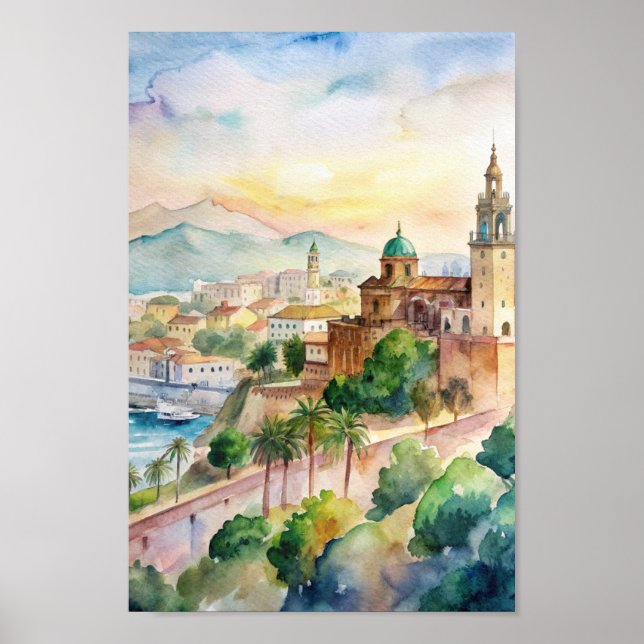 Poster Málaga Espanha Cityscape Watercolor Painting (Frente)