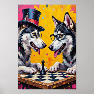 Poster Malamute do Alasca Jogando Xadrez Pop Art