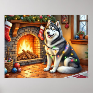 Poster Malamute do Alasca Lareira com Luzes de Natal